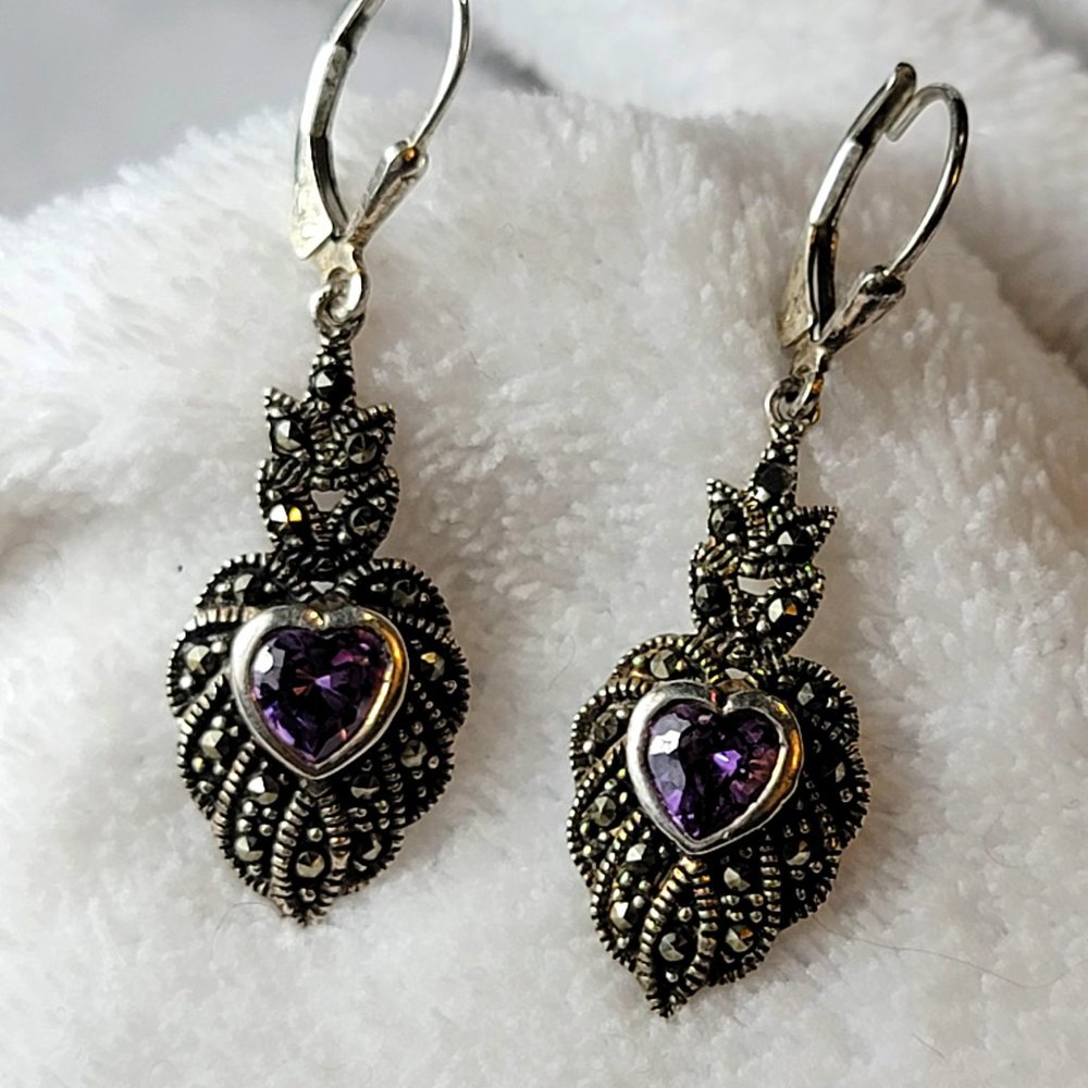 Sterling Silver Dangle Earrings with purple (possibly amethyst?) Heart stones